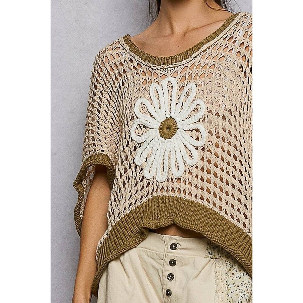 POL Size L Marigold Meadow Daisy Open Weave Crochet Top Beige/Olive Boho Hippie